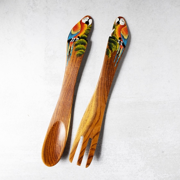 Costa Rica Wood Salad Fork Spoon Wooden Utensils Tongs Parrots 15" long - Picture 1 of 4